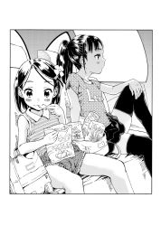 Rule 34 | 2girls, bag, blush, car interior, chips (food), commentary request, cutoffs, eating, food, greyscale, hair ornament, hairclip, hand on own knee, highres, knee up, long hair, miniskirt, monochrome, multiple girls, original, ponytail, potato chips, puddingyaki, shirt, short hair, short shorts, shorts, sitting, skirt, sleeveless, sleeveless shirt, thighhighs