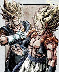 Rule 34 | 2boys, biceps, black vest, blonde hair, blue pants, blue sash, border, bracer, brown background, closed mouth, commentary request, dougi, dragon ball, dragonball z, earrings, fist in hand, gloves, gogeta, green eyes, halo, hand up, highres, jewelry, looking at viewer, male focus, metamoran vest, multiple boys, muscular, muscular male, open clothes, open vest, orange shirt, outside border, pants, pectorals, potara earrings, sash, shirt, short sleeves, simple background, smile, smirk, spiked hair, super saiyan, super saiyan 1, ushi (akabec0), v-shaped eyebrows, vegetto, vest, white border, white gloves, white pants