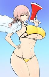 Rule 34 | 1girl, bikini, blue background, breasts, cleavage, cowboy shot, curvy, fate/grand order, fate (series), florence nightingale (chaldea lifesavers) (fate), florence nightingale (fate), gradient background, hand on own hip, highres, hometa, huge breasts, linea alba, looking at viewer, megaphone, navel, pink hair, red eyes, shirt on shoulders, simple background, solo, standing, swimsuit, thighs, underboob, undercleavage, yellow bikini
