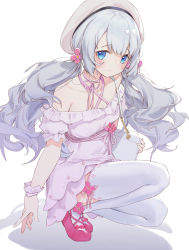 Rule 34 | 1girl, bag, bare shoulders, blue eyes, breasts, cleavage, closed mouth, dress, eyebrows, flower, hair flower, hair ornament, hand up, hat, highres, indie virtual youtuber, long hair, looking at viewer, low twintails, medium breasts, mire, pink footwear, shizuku lulu, shoes, shoulder bag, silver hair, solo, squatting, thighhighs, twintails, virtual youtuber, white thighhighs