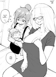 Rule 34 | 2girls, absurdres, artist name, baby, bangs pinned back, breast awe, breasts, cleavage, closed eyes, clothes pull, collarbone, dress, dress pull, embarrassed, english text, folded hair, forehead, glasses, greyscale, grin, hair pulled back, hand on own chest, highres, huge breasts, inne sulistya robin, long hair, monochrome, mother and child, multiple girls, norman maggot, original, pencil dress, pulling another&#039;s clothes, scoop neck, short sleeves, sitting, smile, speech bubble