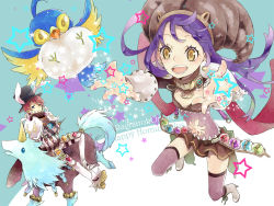 Rule 34 | 1boy, 1girl, animal ear headwear, animal ears, armor, bayeri (ragnarok online), bird, blue background, blue eyes, boots, brown shirt, brown skirt, brown thighhighs, closed mouth, commentary request, covered navel, fake animal ears, fake horns, filir (ragnarok online), full body, genetic (ragnarok online), hat, highres, horned headwear, horns, living clothes, long hair, long sleeves, looking at viewer, open mouth, pants, pauldrons, potion, purple hair, rabbit ears, ragnarok online, reaching, reaching towards viewer, red hair, shirt, short hair, shoulder armor, skirt, star (symbol), syringe, teeth, thighhighs, top hat, two-tone background, unicorn, white background, white footwear, white pants, yutsuki