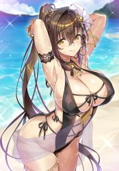 Rule 34 | 1girl, alternate costume, apron, armlet, armpits, arms behind head, ass, bangle, beach, black one-piece swimsuit, blue sky, blush, bracelet, braid, breasts, brown eyes, brown hair, cleavage, closed mouth, cloud, covered erect nipples, crossed bangs, day, flower, groin, hair flower, hair ornament, half-closed eyes, highres, jewelry, kanpani girls, large breasts, leaning forward, long hair, mole, mole under eye, neck bell, necklace, ocean, one-piece swimsuit, outdoors, panties, ponytail, sand, see-through, senri gan, shirayuri sakura, sidelocks, single braid, sky, smile, solo, sparkle, swimsuit, tareme, thigh strap, thighs, underwear, wet