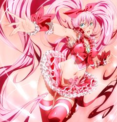 Rule 34 | 10s, 1girl, armpits, blue eyes, blush, bow, breasts, covered erect nipples, cure melody, dress, frills, hair ribbon, houjou hibiki, magical girl, medium breasts, midriff, niko (tama), nipples, pink bow, pink hair, precure, pussy, pussy peek, ribbon, smile, solo, suite precure, thighhighs, twintails, uncensored