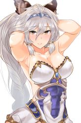 Rule 34 | 10s, 1girl, animal ears, armor, armored dress, armpits, arms behind head, backless outfit, braid, breasts, cat ears, dress, erune, eyebrows, gachou, granblue fantasy, hair between eyes, hair intakes, hair tubes, hairband, heles, large breasts, light smile, long hair, looking at viewer, off shoulder, short dress, silver hair, single braid, solo, upper body, very long hair, white dress, yellow eyes