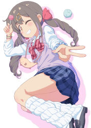 Rule 34 | 1girl, absurdres, arm up, ass, black footwear, black hair, blue scrunchie, blue skirt, blush, bow, bowtie, brown eyes, candy, collared shirt, dress shirt, drill hair, fingernails, food, grin, gyaru, hair between eyes, hair bow, hair ornament, hairclip, highres, holding, holding candy, holding food, holding lollipop, kogal, loafers, lollipop, long fingernails, long hair, long sleeves, looking at viewer, loose bowtie, loose socks, lying, miniskirt, multicolored hair, nail polish, official alternate costume, on side, one eye closed, onii-chan wa oshimai!, oyama mihari, pink nails, plaid, plaid skirt, pleated skirt, purple hair, purple sweater vest, red bow, red bowtie, rubber band, school uniform, scrunchie, shiina excel, shirt, shoes, simple background, skirt, sleeves rolled up, smile, socks, solo, streaked hair, sweater vest, twin drills, white background, white shirt, white socks, wrist scrunchie, wristband