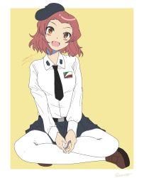 Rule 34 | 1girl, alternate costume, anzio school uniform, artist name, belt, beret, black belt, black footwear, black hat, black necktie, black skirt, blush stickers, brown eyes, commentary, dated, dress shirt, emblem, fang, fingers together, full body, girls und panzer, hat, head tilt, highres, indian style, loafers, long sleeves, looking at viewer, medium hair, miniskirt, necktie, one-hour drawing challenge, open mouth, outside border, pantyhose, pleated skirt, red hair, rosehip (girls und panzer), school uniform, shirt, shoes, signature, simple background, sitting, skin fang, skirt, smile, solo, twitter username, white pantyhose, white shirt, yellow background, zono (inokura syuzo029)