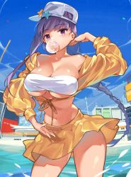 Rule 34 | 1girl, absurdres, bare shoulders, bb (fate), bb (fate) (all), bb (swimsuit mooncancer) (fate), bb (swimsuit mooncancer) (first ascension) (fate), bikini, bikini top only, boat, braid, breasts, bursting breasts, chewing gum, cleavage, fate/grand order, fate (series), front-tie top, hana mori, hat, highres, huge breasts, light purple hair, long hair, looking at viewer, navel, off shoulder, purple eyes, solo, swimsuit, underboob, very long hair, watercraft, white bikini