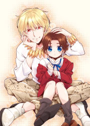 Rule 34 | 2boys, age regression, bad id, bad pixiv id, blonde hair, blue eyes, bracelet, brown hair, fate/stay night, fate/zero, fate (series), gilgamesh (fate), gucce222, jewelry, male focus, multiple boys, necklace, official alternate costume, oversized clothes, red eyes, sitting, tohsaka tokiomi, aged down