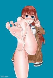 Rule 34 | 1girl, ass, bare legs, barefoot, blue eyes, brown jacket, collared shirt, feet, foot focus, foot out of frame, foot up, hair between eyes, highres, jacket, knees up, looking at viewer, makise kurisu, nahotachi, red hair, shirt, simple background, smile, soles, solo, spread toes, standing, standing on one leg, steins;gate, thick thighs, thighs, toes, v, white shirt