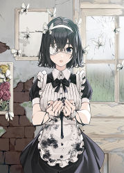 Rule 34 | 1girl, apron, black bow, black bowtie, black dress, black eyes, black hair, blush, bow, bowtie, broken window, bug, butterfly, cupping hands, dirty, dirty clothes, dress, english text, eyepatch, frilled apron, frills, hair between eyes, hairband, highres, insect, looking at viewer, maid, maid apron, open mouth, original, own hands together, puffy short sleeves, puffy sleeves, short sleeves, solo, standing, teshima nari, water drop, wrist cuffs