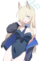 Rule 34 | 1girl, absurdres, alternate costume, animal ears, bare shoulders, black jacket, blonde hair, blue archive, blue eyes, blue halo, blue jacket, blue leotard, blue necktie, blush, breasts, cleavage, commentary request, commission, covered navel, cowboy shot, detached collar, dog ears, dog girl, gluteal fold, hair over one eye, halo, highleg, highleg leotard, highres, jacket, kanna (blue archive), large breasts, leotard, long hair, long sleeves, looking at viewer, multicolored clothes, multicolored jacket, necktie, off shoulder, open mouth, playboy bunny, puffy long sleeves, puffy sleeves, sharp teeth, simple background, skeb commission, solo, sonoda 345, strapless, strapless leotard, sweat, teeth, two-tone jacket, white background