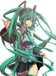 Rule 34 | 1girl, aqua eyes, aqua hair, clothes lift, detached sleeves, female focus, gradient background, hatsune miku, long hair, necktie, no panties, skirt, skirt lift, smile, solo, thighhighs, twintails, unagiman, very long hair, vocaloid, white background