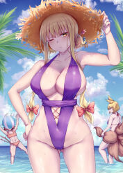 Rule 34 | 3girls, absurdres, animal ears, ass, ball, beach, beachball, bikini, blonde hair, blue sky, breasts, brown headwear, casual one-piece swimsuit, cat tail, chen, cleavage, closed mouth, cloud, commentary, cross-laced clothes, fox ears, fox girl, fox tail, gluteal fold, groin, hair ornament, hairpin, hand on headwear, hand on own hip, hat, highres, horizon, kitsune, large breasts, looking at viewer, mirufui, multiple girls, multiple tails, ocean, one-piece swimsuit, one eye closed, outdoors, palm tree, purple one-piece swimsuit, red bikini, short hair, sidelocks, sky, slingshot swimsuit, solo focus, straw hat, sun hat, swimsuit, tail, touhou, tree, two tails, wading, wet, yakumo ran, yakumo yukari, yellow eyes