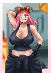 Rule 34 | 1girl, arms behind head, azraelwebster, bare shoulders, blush, boku no hero academia, breasts, cleavage, collarbone, gloves, goggles, goggles on head, hand on own hip, hatsume mei, highres, huge breasts, large breasts, looking at viewer, medium hair, sleeveless, smile, solo, tank top, yellow eyes