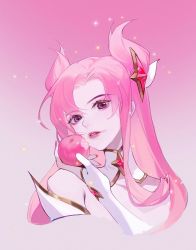 Rule 34 | 1girl, absurdres, apple, asami okutoshioku, bare shoulders, cropped shoulders, fingerless gloves, food, fruit, gloves, gradient background, hair ornament, hair ribbon, hand up, highres, holding, holding food, kai&#039;sa, league of legends, long hair, nail polish, pink background, pink hair, pink nails, purple eyes, ribbon, solo, star guardian (league of legends), star guardian kai&#039;sa, white gloves