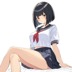 Rule 34 | 1girl, arm support, black hair, black skirt, blunt bangs, blunt ends, blush, bob cut, breasts, brown hair, closed mouth, collarbone, commentary request, crossed legs, highres, looking at viewer, medium breasts, midriff peek, mole, mole under eye, navel, original, pleated skirt, poteto0987, sailor collar, shirt, short hair, short sleeves, simple background, sitting, skirt, solo, thighs, uniform, white background, white shirt