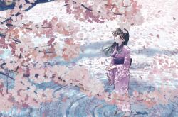 Rule 34 | 1girl, :d, arm at side, black hair, blue eyes, blunt bangs, blush, cherry blossoms, day, dot nose, falling petals, floral print, half updo, hand up, highres, in water, japanese clothes, kimono, kumagaya nono, long hair, long sleeves, looking up, obi, open hand, open mouth, original, outdoors, petals, pink kimono, print kimono, red footwear, ripples, sandals, sash, sidelocks, smile, solo, standing, straight hair, water, wide shot, wide sleeves