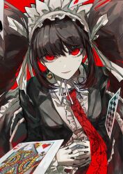 Rule 34 | 1girl, bell, bell earrings, black hair, black nails, card, celestia ludenberg, center frills, claw ring, collared shirt, danganronpa: trigger happy havoc, danganronpa (series), earrings, frilled jacket, frills, geruidoshifa, jacket, jewelry, long hair, nail polish, necktie, open clothes, open jacket, playing card, print necktie, red background, red eyes, red necktie, shirt, solo, sweat