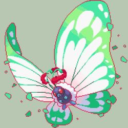 Rule 34 | antennae, bug, butterfly, butterfree, commentary request, creature, creatures (company), fangs, full body, game freak, gen 1 pokemon, gigantamax, gigantamax butterfree, grey background, bug, jon (zyagapi), nintendo, no humans, pixel art, pokemon, pokemon (creature), red eyes, simple background, solo