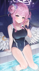 Rule 34 | 1girl, absurdres, angel wings, arm support, blue archive, blunt bangs, competition school swimsuit, double bun, feathered wings, flower, hair bun, hair flower, hair ornament, hair scrunchie, halo, highres, kim leeyoon, knees together feet apart, long hair, looking at viewer, mika (blue archive), official alternate costume, official alternate hairstyle, pink hair, pool, poolside, school swimsuit, scrunchie, sidelocks, sitting, sleeveless, solo, swimsuit, wet, wet clothes, wet swimsuit, white wings, wings, yellow eyes