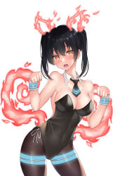 Rule 34 | 1girl, adapted costume, alternate costume, bare shoulders, black necktie, black pantyhose, blackheartxiii, blush, breasts, cleavage, contrapposto, covered navel, cowboy shot, detached collar, embarrassed, en&#039;en no shouboutai, fang, fiery tail, fire, glowing, hair between eyes, highres, large breasts, leotard, looking at viewer, medium hair, necktie, open mouth, orange eyes, pantyhose, paw pose, playboy bunny, short necktie, simple background, sleeveless, solo, sweat, tail, tamaki kotatsu, tareme, taut clothes, twintails, white background, wrist cuffs