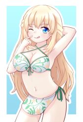 Rule 34 | 1girl, arm behind head, armpits, bikini, blonde hair, blue eyes, breasts, cleavage, highres, large breasts, legs, long hair, navel, neptune (series), one eye closed, pointing, pointing at self, smile, solo, swimsuit, thighs, tongue, tongue out, vert, vert (neptunia), wink