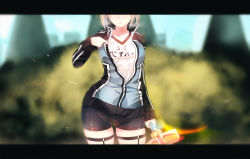 Rule 34 | 1girl, ahoge, artoria pendragon (all), artoria pendragon (fate), bike shorts, black background, blonde hair, blurry, breasts, day, depth of field, ehrrr, excalibur (fate/stay night), fate/grand order, fate (series), glowing, glowing sword, glowing weapon, gym shirt, gym uniform, head out of frame, highres, holding, holding sword, holding weapon, jacket, letterboxed, medium breasts, mysterious heroine x alter (fate), mysterious heroine x alter (second ascension) (fate), name tag, open clothes, open jacket, outdoors, parted lips, saber (fate), shirt, shorts, simple background, solo, sweat, sword, track jacket, weapon