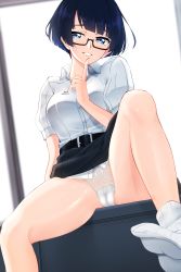 Rule 34 | 1girl, absurdres, belt, blue eyes, blue hair, blunt bangs, blurry, bow, bow panties, breasts, cameltoe, clothes lift, depth of field, desk, dress shirt, dutch angle, finger to mouth, fishnet panties, glasses, grin, groin, hand up, head tilt, highres, indoors, knee up, lingerie, lips, looking at viewer, mole, mole under eye, no shoes, on desk, original, panties, pleated skirt, puffy sleeves, rectangular eyewear, ribbed legwear, school uniform, semi-rimless eyewear, shiny skin, shirt, short hair, short sleeves, sitting, skirt, skirt lift, smile, socks, solo, spread legs, under-rim eyewear, underwear, white panties, white socks, window, z.taiga