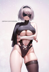 Rule 34 | 1girl, ai-assisted, aztodio, black hairband, black thighhighs, blindfold, breasts, closed mouth, commentary, gradient background, grey background, grey hair, hairband, large breasts, navel, nier:automata, nier (series), patreon username, short hair, single thighhigh, solo, standing, thick thighs, thighhighs, thighs, underboob, 2b (nier:automata)