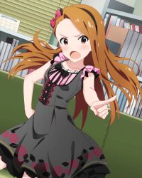 Rule 34 | &gt;:o, 10s, 1girl, :o, angry, artist request, bare shoulders, black dress, blush, book, bow, breasts, brown eyes, brown hair, collarbone, couch, dress, floral print, hair bow, hairband, hand on own hip, idolmaster, idolmaster (classic), idolmaster million live!, idolmaster million live! theater days, long hair, looking at viewer, minase iori, office, official art, pointing, pointing at viewer, rose print, small breasts, solo, v-shaped eyebrows