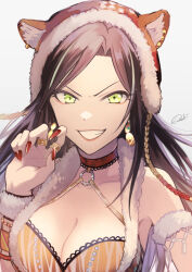 Rule 34 | 1girl, animal ears, animal hood, arm guards, bare shoulders, black hair, bracelet, breasts, brown hair, cleavage, collarbone, dress, earrings, fake animal ears, fur-trimmed dress, fur armlet, fur bracelet, fur trim, green eyes, grin, hood, idolmaster, idolmaster cinderella girls, idolmaster cinderella girls starlight stage, jewelry, large breasts, long hair, looking at viewer, mukai takumi, open mouth, parted bangs, red nails, ring, sako misaki, signature, simple background, smile, solo, v-shaped eyebrows, white background