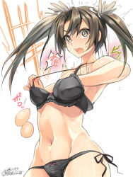 Rule 34 | 1girl, black bra, black panties, blush, bra, breast padding, brown eyes, brown hair, commentary request, cowboy shot, dated, embarrassed, falling, flying sweatdrops, groin, hair ribbon, highres, kantai collection, long hair, navel, open mouth, panties, ribbon, ribbon-trimmed bra, side-tie panties, simple background, solo, @ @, stomach, surprised, sweat, takase muh, twintails, underwear, white background, zuikaku (kancolle)