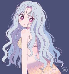 Rule 34 | 1girl, absurdres, blue background, blue hair, bright pupils, emma (kumaema), from behind, highres, long hair, looking at viewer, mermaid, monster girl, original, parted bangs, parted lips, purple eyes, scales, shell, shell bikini, simple background, solo, tears, white pupils