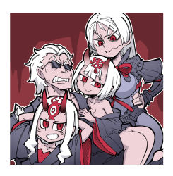Rule 34 | 1boy, 3girls, arms behind head, arms up, ass, bai linqin, bare shoulders, black kimono, border, breast press, breasts, cleavage, clenched teeth, collarbone, commentary request, cosplay, fate/grand order, fate (series), grin, hand on own hip, helltaker, helltaker (character), helltaker (character) (cosplay), highres, horns, ibaraki douji (fate), japanese clothes, kimono, large breasts, long hair, long sleeves, looking at viewer, medium breasts, minamoto no raikou (fate), multiple girls, parody, pointy ears, red eyes, red ribbon, ribbon, sakata kintoki (fate), sakata kintoki (rider) (fate), short hair, shuten douji (fate), skin-covered horns, smile, striped, style parody, sunglasses, sweat, teeth, translation request, v-shaped eyebrows, white border, white hair, wide sleeves