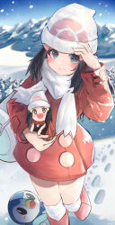 Rule 34 | 2girls, beanie, black hair, blush, blush stickers, boots, carrying, chibi, closed mouth, coat, commentary request, creatures (company), dawn (pokemon), day, dual persona, e-co, eyelashes, footprints, game freak, gen 4 pokemon, grey eyes, hat, highres, long hair, long sleeves, looking at viewer, mini person, minigirl, multiple girls, nintendo, outdoors, over-kneehighs, pink footwear, piplup, pokemon, pokemon (creature), pokemon bdsp, pokemon dppt, pokemon platinum, red coat, scarf, smile, snow, split mouth, standing, thighhighs, white headwear, white legwear, white scarf