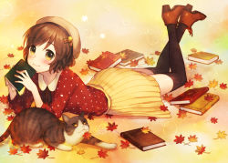 Rule 34 | 1girl, autumn, autumn leaves, bad id, bad pixiv id, blush, brown hair, cat, hat, long sleeves, lying, megumu, on stomach, original, shoes, short hair, skirt, smile, solo, thighhighs, yellow eyes
