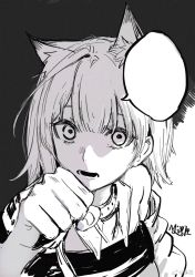 Rule 34 | 1girl, animal ears, arknights, bare shoulders, blank speech bubble, cat ears, dialogue box, greyscale, highres, kal&#039;tsit (arknights), looking at viewer, miuli absurd, monochrome, punching, scene reference, speech bubble
