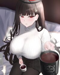 Rule 34 | 1girl, artist request, black hair, black thighhighs, blue archive, blush, breasts, coffee mug, cup, halo, highres, large breasts, long hair, looking at viewer, mug, pov, red eyes, rio (blue archive), robot (symbol), sitting, skirt, smile, solo, sweater, thighhighs, thighs