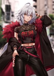 Rule 34 | 1girl, ahoge, alternate costume, arm up, armpits, belt, black coat, black pants, black shirt, blurry, blurry background, bracelet, breasts, brown eyes, buckle, building, casual, clothes writing, coat, collarbone, commission, contrapposto, cowboy shot, day, depth of field, facial mark, fate/grand order, fate (series), fur-trimmed coat, fur trim, hair between eyes, hand on own hip, high-waist pants, highres, hip vent, jeanne d&#039;arc (fate), jeanne d&#039;arc alter (avenger) (fate), jeanne d&#039;arc alter (fate), jewelry, long hair, looking at viewer, low ponytail, medium breasts, midriff, neckerchief, off shoulder, open clothes, open coat, outdoors, pants, parted lips, rainmaker, ring, shirt, short sleeves, silver hair, snow sos, solo, spiked bracelet, spikes, town