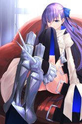 Rule 34 | 10s, armor, ass, black thighhighs, blue eyes, fate/extra, fate/extra ccc, fate/grand order, fate (series), greaves, i-pan, indoors, legs together, long hair, looking at viewer, meltryllis (fate), meltryllis (second ascension) (fate), navel, purple hair, sitting, sleeves past wrists, smile, solo, thighhighs, thighs