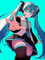 Rule 34 | 1girl, aqua background, aqua eyes, armpit crease, arms at sides, bare shoulders, black skirt, black sleeves, black thighhighs, blue hair, blue necktie, blush stickers, breasts, closed mouth, collared shirt, commentary, cowboy shot, detached sleeves, dot nose, eyelashes, from below, grin, hair between eyes, hashtag-only commentary, hatsune miku, headset, highres, long eyelashes, long hair, looking at viewer, looking down, necktie, pleated skirt, shade, shirt, sidelighting, sidelocks, simple background, skirt, sleeveless, sleeveless shirt, small breasts, smile, solo, tareme, thick thighs, thighhighs, thighs, tie clip, twintails, vocaloid, w, white shirt, wide-eyed, wide hips, wide sleeves, zeon (zzeeonn), zettai ryouiki
