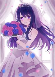 Rule 34 | 1girl, bare shoulders, blue flower, blue rose, blush, bouquet, bow, breasts, bridal veil, bride, closed mouth, collarbone, commentary request, curtains, dress, flower, hair between eyes, hair flower, hair ornament, hands up, highres, holding, holding bouquet, hoshino ai (oshi no ko), indoors, leaf, long hair, looking at viewer, medium breasts, multicolored hair, oshi no ko, petals, pink flower, pink hair, pink rose, purple bow, purple hair, revision, rose, sarasa kouhaku, sleeveless, sleeveless dress, smile, solo, standing, star-shaped pupils, star (symbol), star hair ornament, star print, strapless, strapless dress, symbol-shaped pupils, tiara, two-tone hair, veil, wedding dress, white dress, window