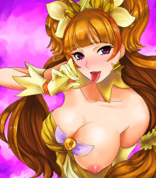 Rule 34 | 1girl, aankau, amanogawa kirara, bad id, bad pixiv id, bare shoulders, blunt bangs, blush, breasts, choker, cure twinkle, earrings, fellatio gesture, gloves, go! princess precure, hair ornament, jewelry, large breasts, long hair, looking at viewer, magical girl, multicolored hair, nipples, one breast out, orange hair, precure, puffy areolae, purple eyes, scrunchie, smile, solo, star (symbol), star earrings, tongue, tongue out, twintails, two-tone hair, upper body, yellow gloves
