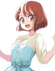 Rule 34 | 1girl, :d, brown eyes, commentary request, dress, eyelashes, hair ornament, hairclip, hanadera nodoka, happy, healin&#039; good precure, looking at viewer, open mouth, precure, red hair, short hair, simple background, smile, solo, standing, uraki, white background