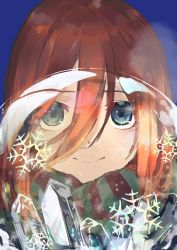Rule 34 | 1girl, absurdres, ayauchi, blue background, blue eyes, brown hair, dome, go-toubun no hanayome, hair between eyes, highres, ice, long hair, looking at viewer, nakano miku, scarf, simple background, smile, snowflakes, solo