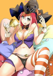 Rule 34 | 1girl, :q, black panties, blush, breasts, chalice, cleavage, cup, gloves, hat, holding, large breasts, long hair, milk, navel, panties, red hair, single thighhigh, smile, solo, strap pull, striped clothes, striped thighhighs, stuffed toy, thighhighs, tongue, tongue out, underwear, wakamesan, wet, white gloves, witch hat, yellow eyes