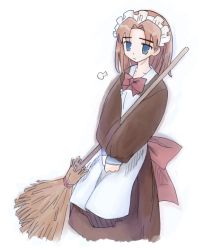 Rule 34 | 1girl, apron, bow, bowtie, broom, brown dress, cowboy shot, dress, futaba channel, holding, long sleeves, maid, maid apron, medoi, nijiura maids, red bow, red bowtie, simple background, solo, waist apron, white background, wide sleeves