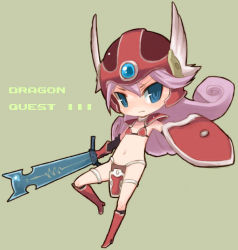 Rule 34 | 1girl, armor, bikini armor, blue eyes, boots, chunsoft, copyright name, dragon quest, dragon quest iii, enix, flat chest, full body, green background, helmet, long hair, mota, navel, no panties, purple hair, red armor, shield, simple background, soldier (dq3), solo, sword, thigh strap, weapon