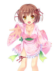 Rule 34 | 1girl, blush, breasts, brown hair, cleavage, highres, japanese clothes, kimono, looking at viewer, open mouth, sekine irie, short hair, smile, solo, white background, yellow eyes